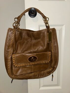 Coach Brown Leather Shoulder Bag with Woven Trim